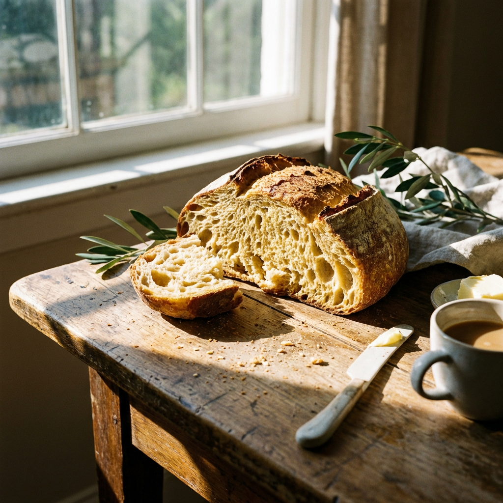 Sliced artisanal sourdough bread on a rustic table next to coffee and olive branches.