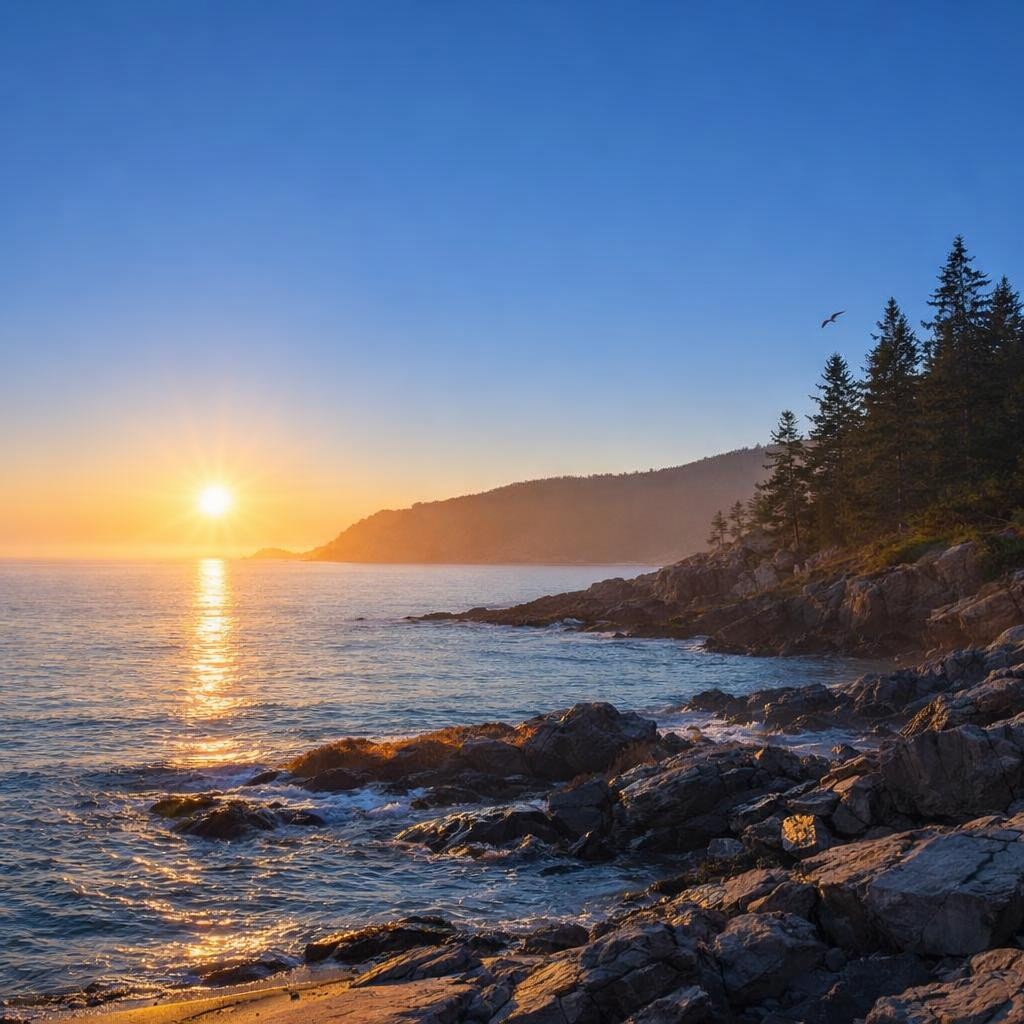 Sun rising over calm ocean with rocky shoreline and forested hills