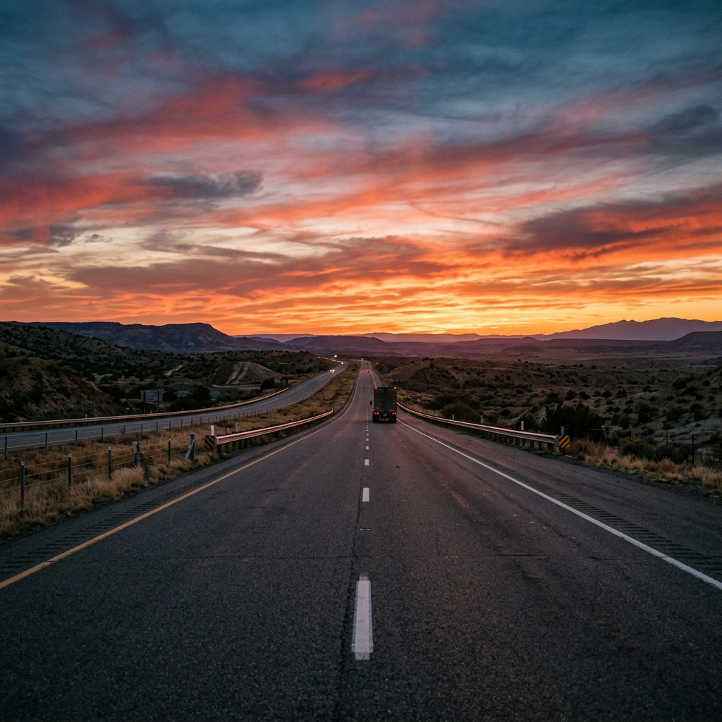 Empty highway with a truck driving toward the horizon under a vibrant orange and purple sunset.
