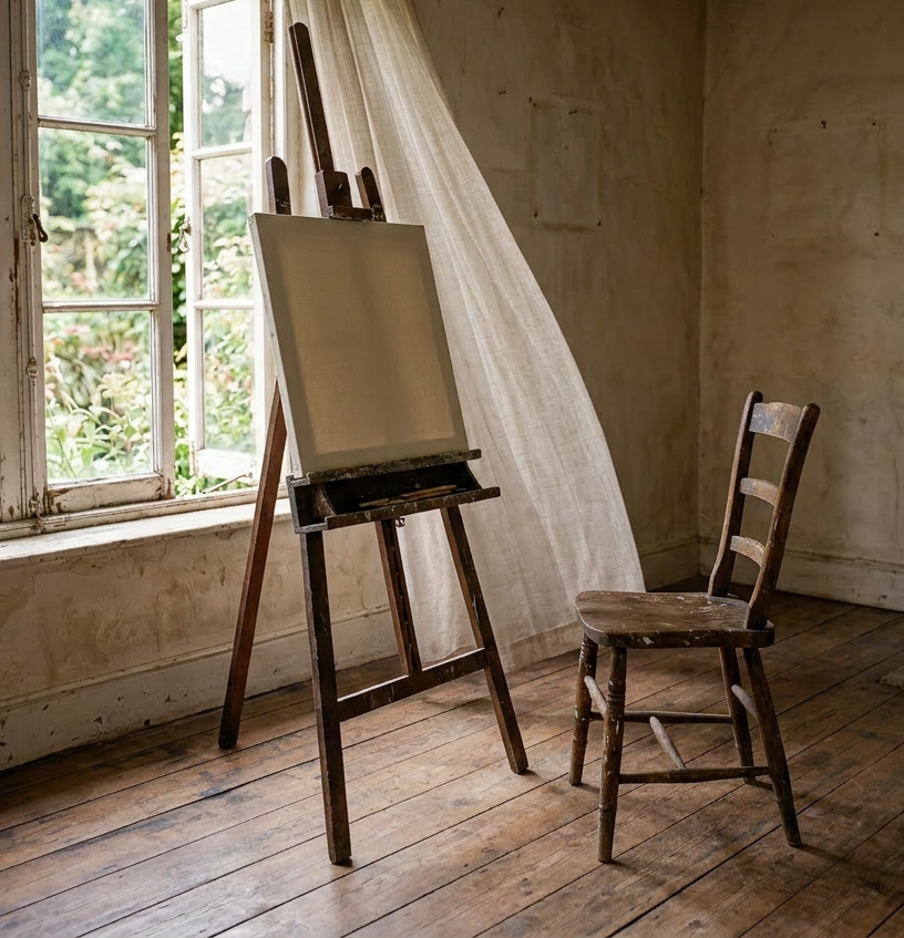Empty rustic room with wooden floor, open window, and blowing beige curtain