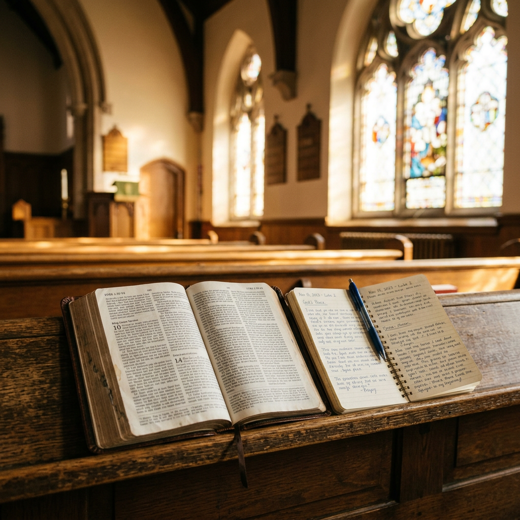 Open Bible and handwritten journal with pen on wooden church pew